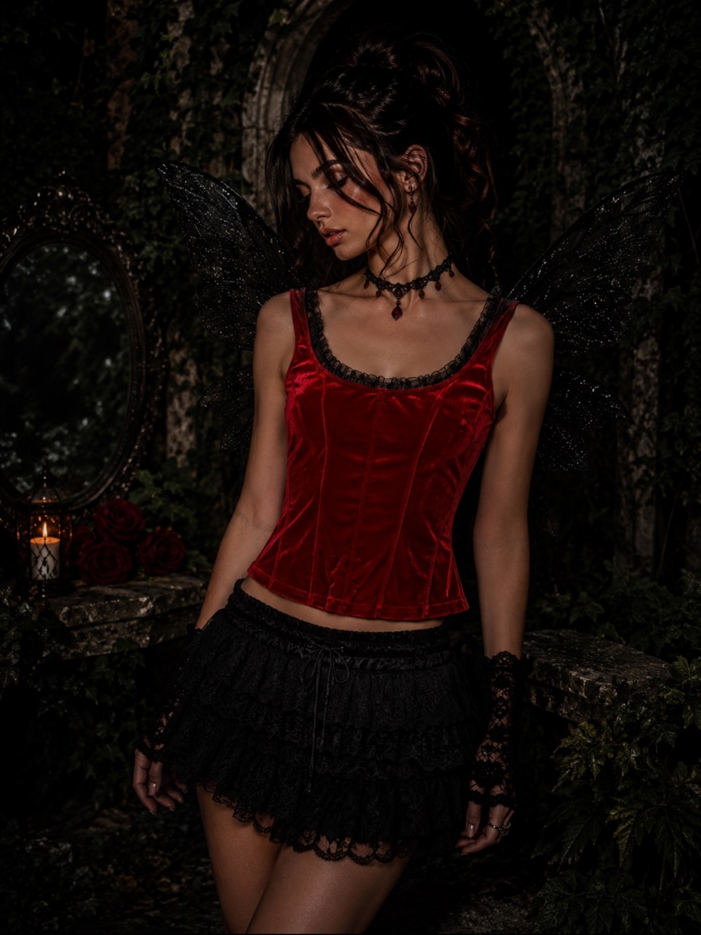 Y2K Magdalena Red Stretch Velvet Fairy Goth Tank Top